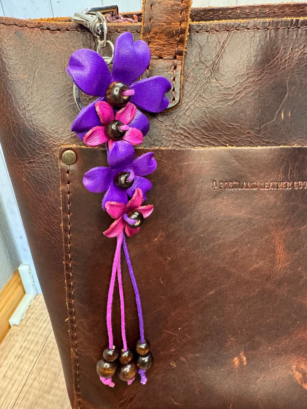 Plumeria Flower Bag Charm Genuine Leather Flower Bag Charm Purple Flower Charm